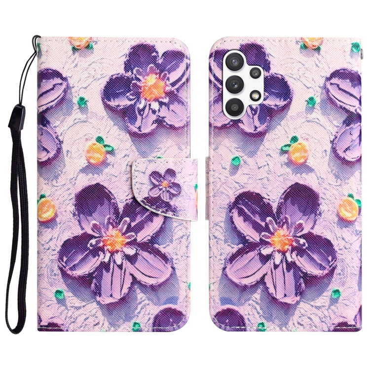 Para Samsung Galaxy A13 4G Caja de teléfono de cuero con dibujo coloreado (Flor púrpura)