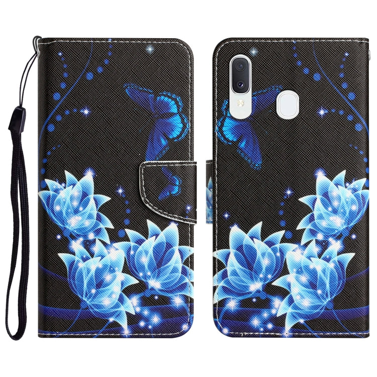 Para Samsung Galaxy A20e Estuche para teléfono de cuero con dibujo coloreado (mariposa azul)