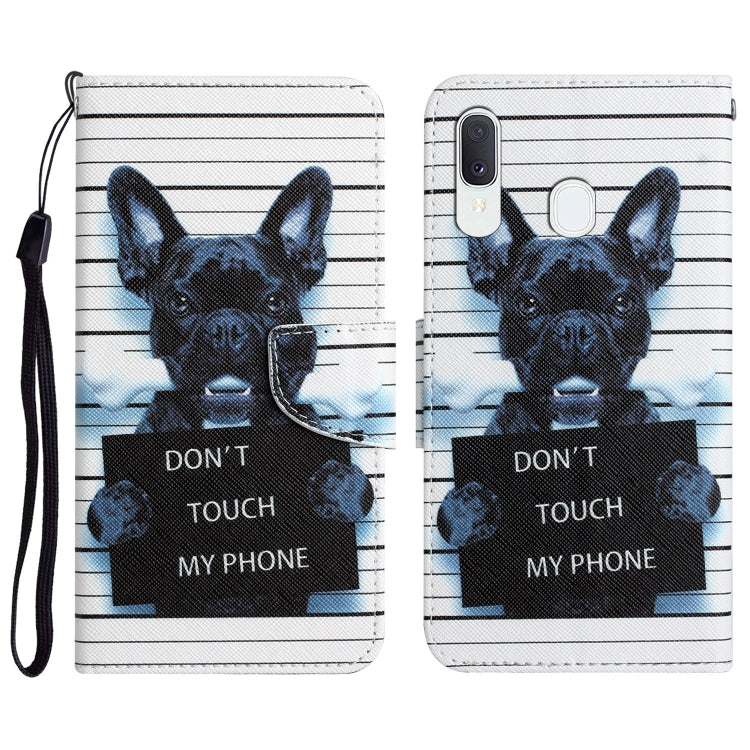Para Samsung Galaxy A20e Estuche para teléfono de cuero con dibujo coloreado (perro negro)