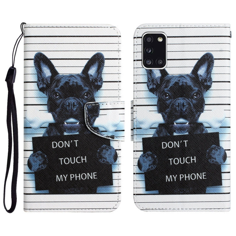 Para Samsung Galaxy A31 Caja de teléfono de cuero con dibujo coloreado (perro negro)