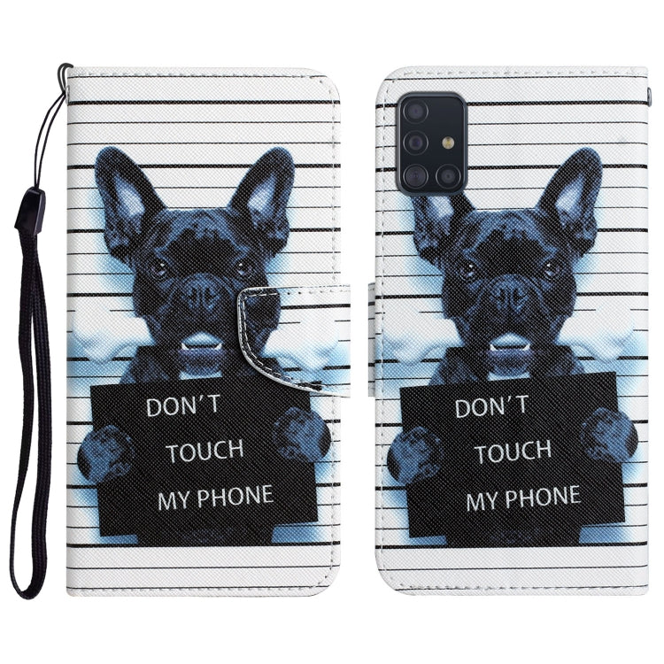 Para Samsung Galaxy A51 Funda de teléfono de cuero con dibujo coloreado (perro negro)