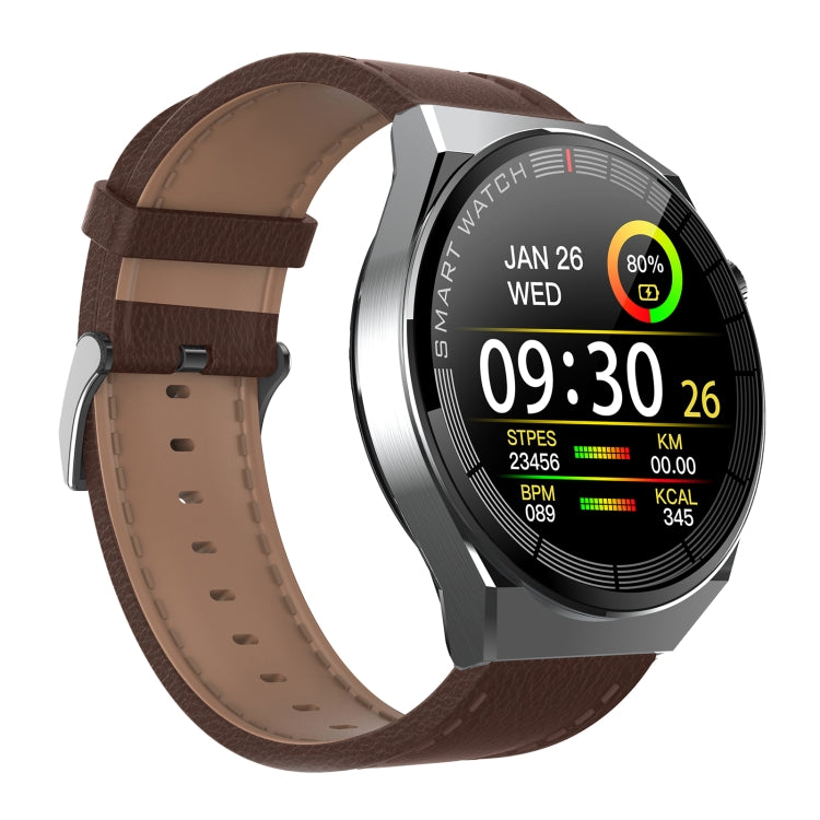 Reloj Inteligente Gw69 Plus Compatible con Llamadas Bt Frecuencia Cardíaca Presión Arterial Oxígeno Plata (Correa Cuero Marrón)