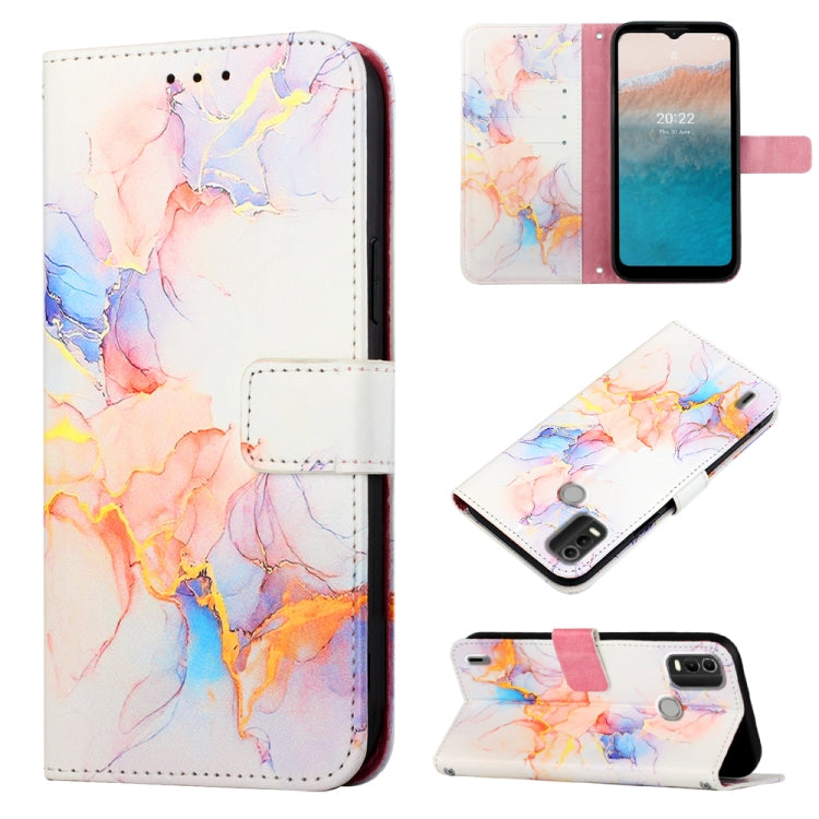 Para Nokia C21 Plus PT003 Patrón de mármol Flip Funda de cuero para teléfono (Galaxy Marble White LS004)