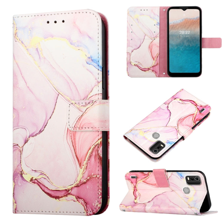 Para Nokia C21 Plus PT003 Patrón de mármol Funda de cuero con tapa para teléfono (Oro rosa LS005)