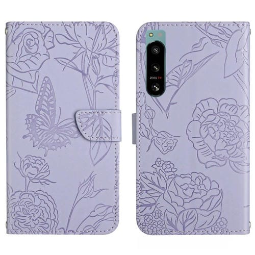 Para Sony Xperia 5 IV HT03 Skin Feel Butterfly Funda de cuero con tapa en relieve para teléfono (Púrpura)