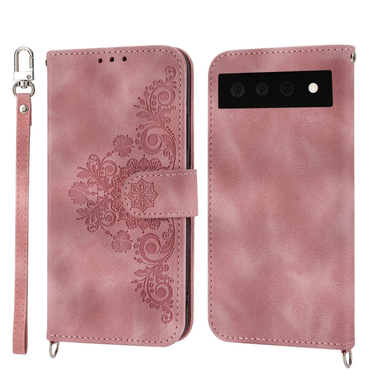 Para Google Pixel 7 Pro 5G Skin-feel Flowers Funda de cuero con billetera en relieve para teléfono (rosa)