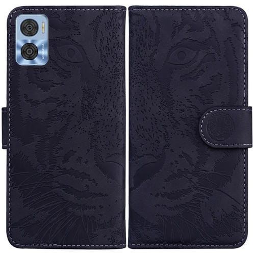 Funda de Cuero con Tapa Horizontal para Motorola Moto E22/E22I Tiger Embossing (Negro)