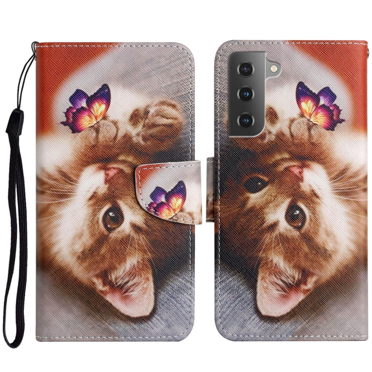 Para Samsung Galaxy S23+ 5G Estuche para teléfono de cuero con patrón de dibujo coloreado (gato mariposa)