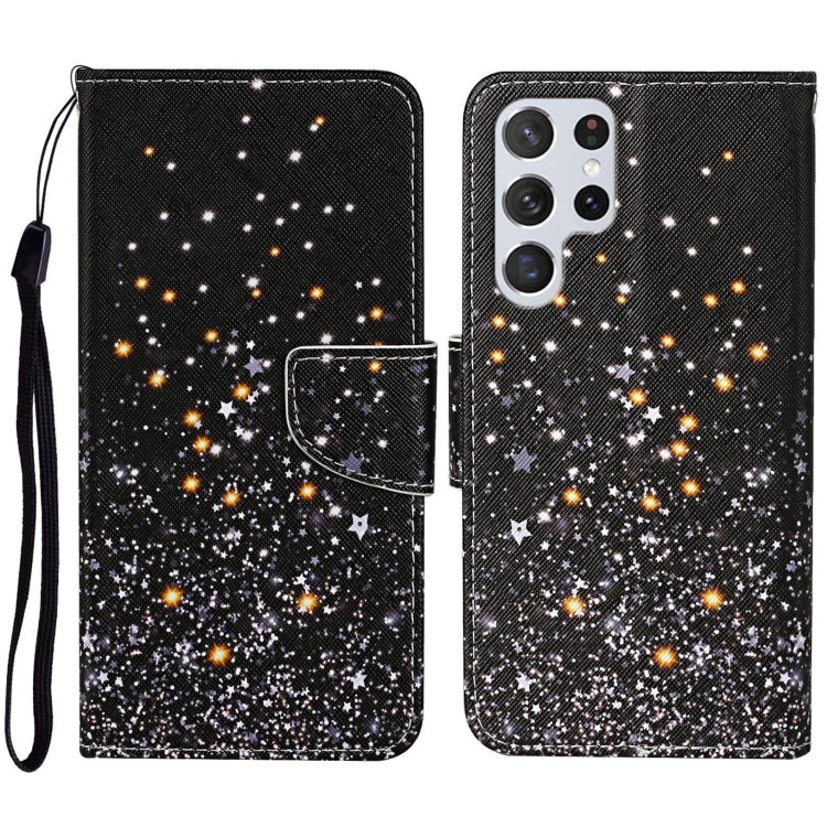 Para Samsung Galaxy S23 Ultra 5G Estuche de teléfono de cuero con patrón de dibujo coloreado (pentagrama negro)