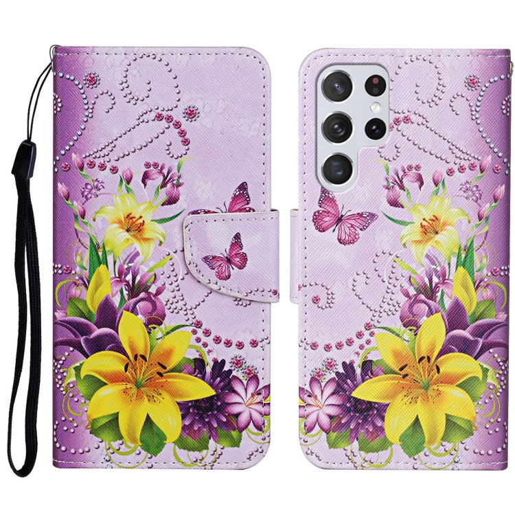 Para Samsung Galaxy S23 Ultra 5G Estuche de teléfono de cuero con patrón de dibujo coloreado (mariposa de flor amarilla)