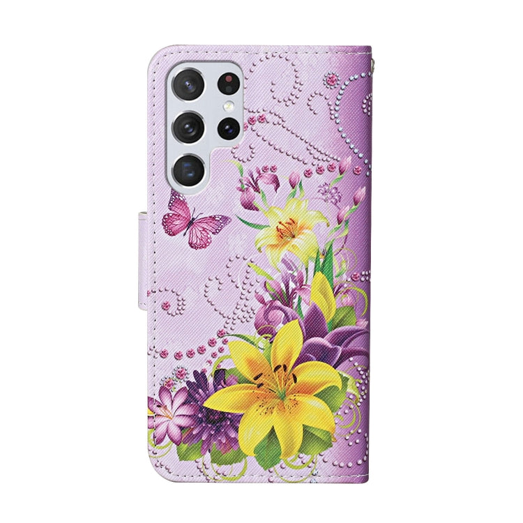 Para Samsung Galaxy S23 Ultra 5G Estuche de teléfono de cuero con patrón de dibujo coloreado (mariposa de flor amarilla)
