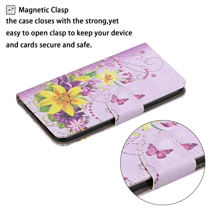 Para Samsung Galaxy S23 Ultra 5G Estuche de teléfono de cuero con patrón de dibujo coloreado (mariposa de flor amarilla)