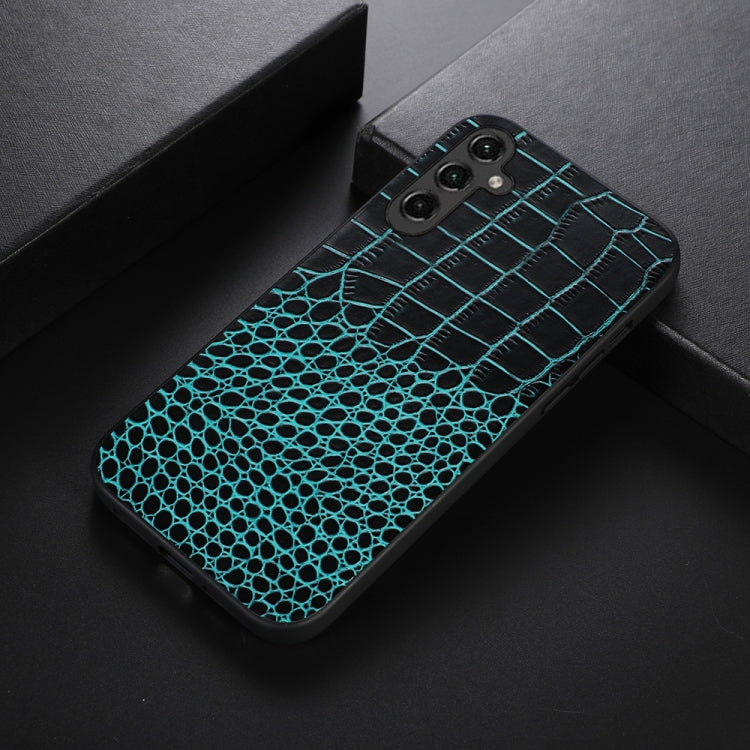 Para Samsung Galaxy A14 5G Funda de teléfono de cuero genuino con textura de cocodrilo (cian)