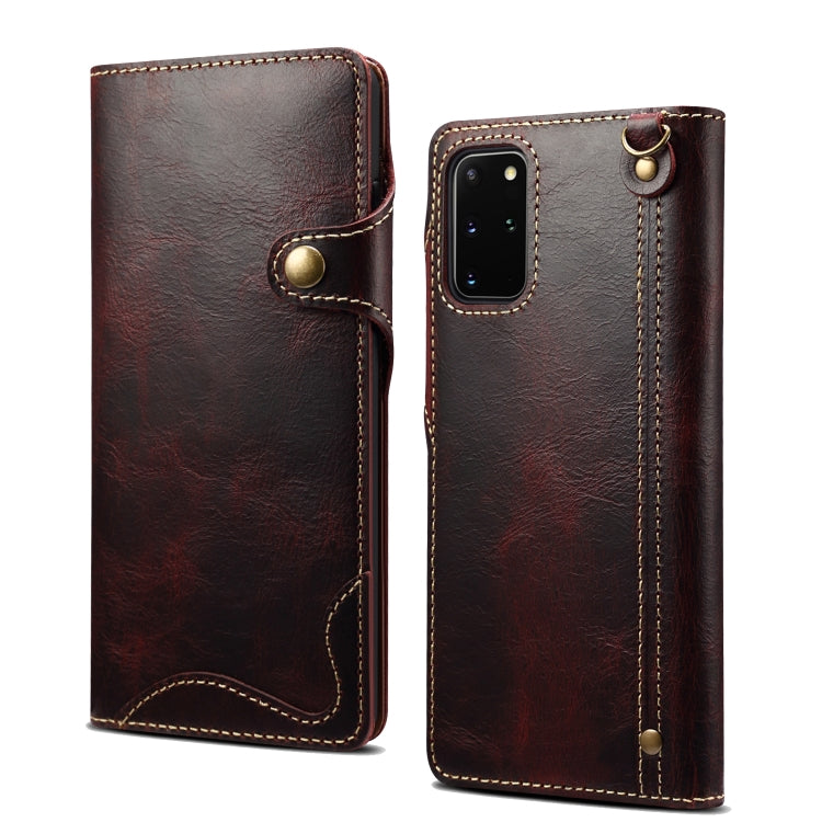Para Samsung Galaxy S20 Denior Oil Wax Cowhide Botón magnético Funda de cuero genuino (Rojo oscuro)