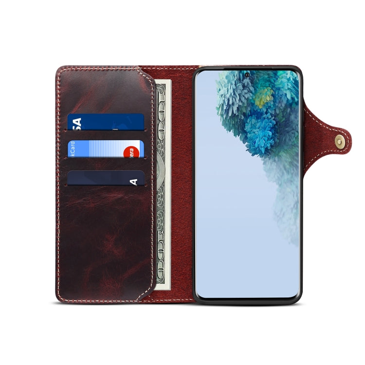 Para Samsung Galaxy S20 Denior Oil Wax Cowhide Botón magnético Funda de cuero genuino (Rojo oscuro)