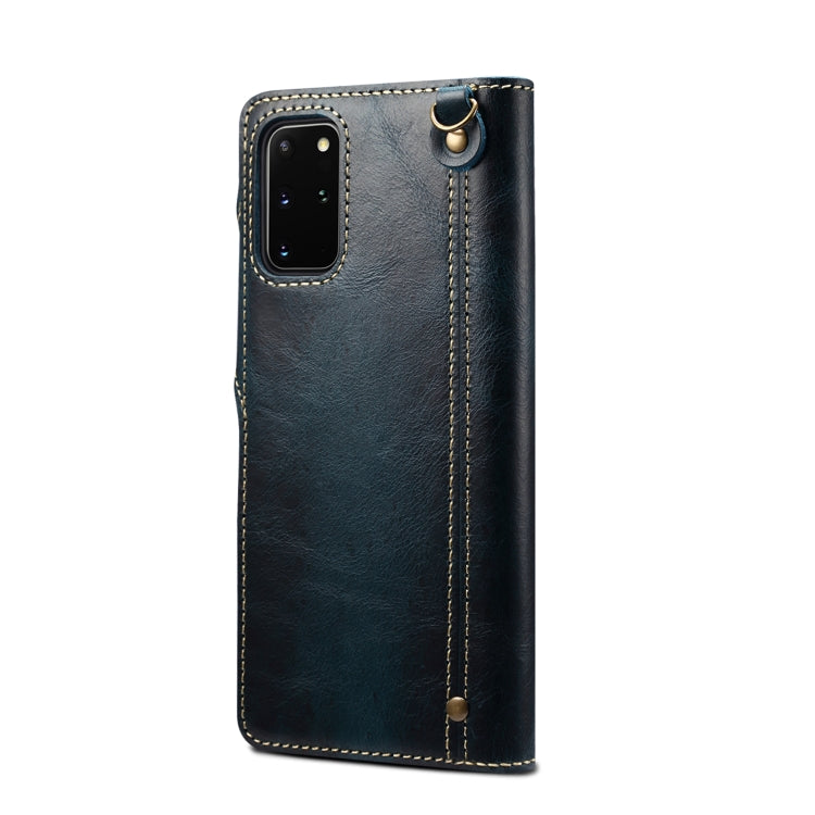 Para Samsung Galaxy S20+ Denior Oil Wax Cowhide Botón magnético Funda de cuero genuino (Azul oscuro)