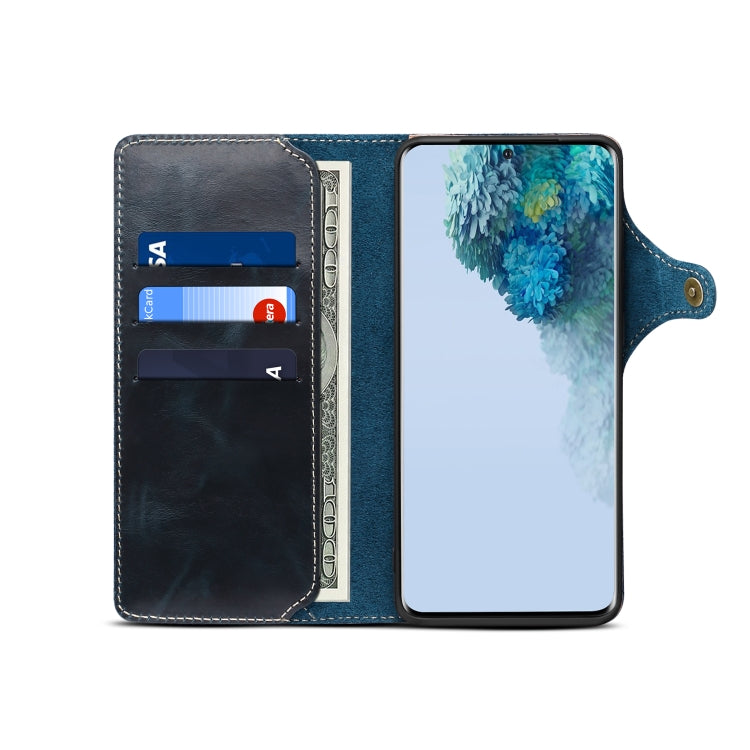 Para Samsung Galaxy S20+ Denior Oil Wax Cowhide Botón magnético Funda de cuero genuino (Azul oscuro)