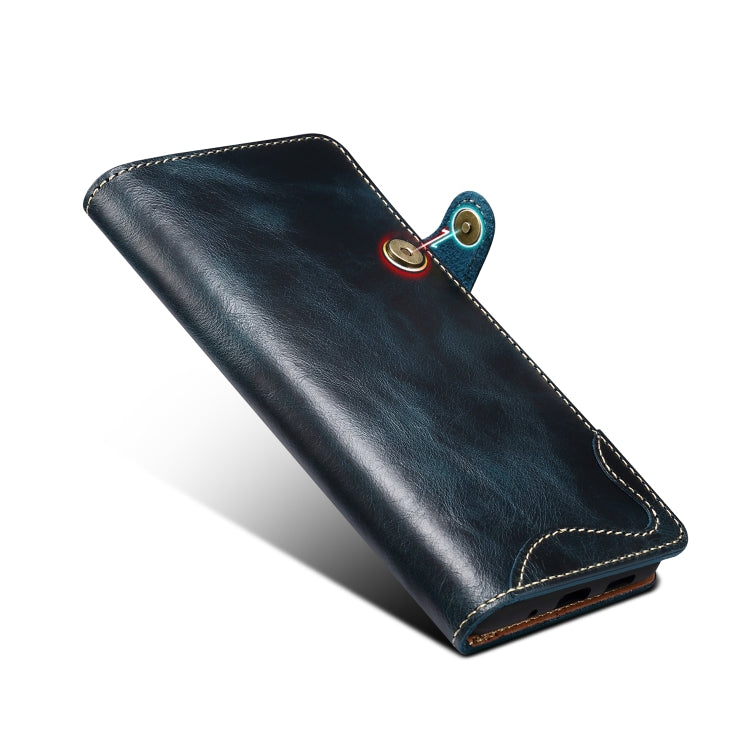 Para Samsung Galaxy S20+ Denior Oil Wax Cowhide Botón magnético Funda de cuero genuino (Azul oscuro)