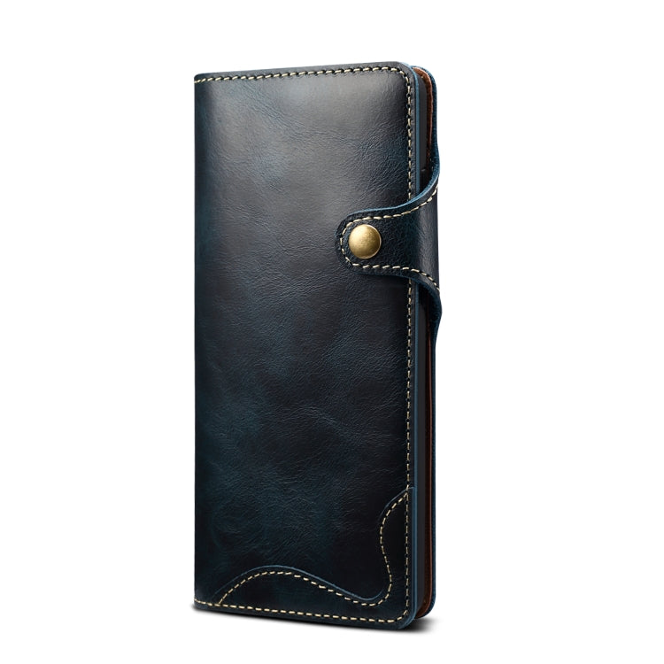 Para Samsung Galaxy Note20 Denior Oil Wax Cowhide Botón magnético Funda de cuero genuino (Azul oscuro)