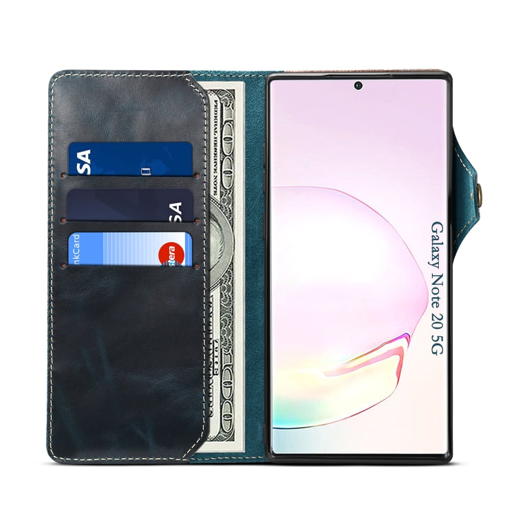 Para Samsung Galaxy Note20 Denior Oil Wax Cowhide Botón magnético Funda de cuero genuino (Azul oscuro)