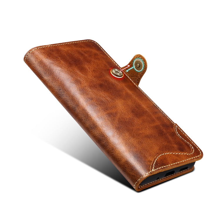 Para Samsung Galaxy Note20 Denior Oil Wax Cowhide Botón magnético Funda de cuero genuino (marrón)