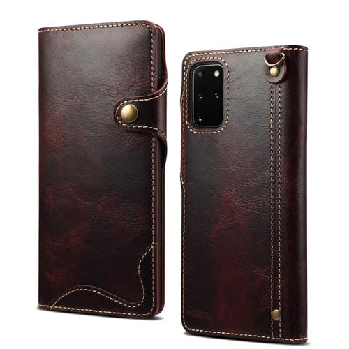 Para Samsung Galaxy Note20 Denior Oil Wax Cowhide Botón magnético Funda de cuero genuino (Rojo oscuro)