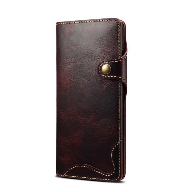Para Samsung Galaxy Note20 Ultra Denior Oil Wax Cowhide Botón magnético Funda de cuero genuino (Rojo oscuro)