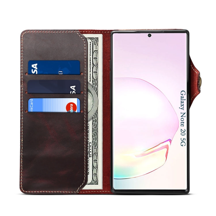 Para Samsung Galaxy Note20 Ultra Denior Oil Wax Cowhide Botón magnético Funda de cuero genuino (Rojo oscuro)