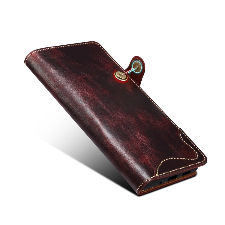 Para Samsung Galaxy Note20 Ultra Denior Oil Wax Cowhide Botón magnético Funda de cuero genuino (Rojo oscuro)