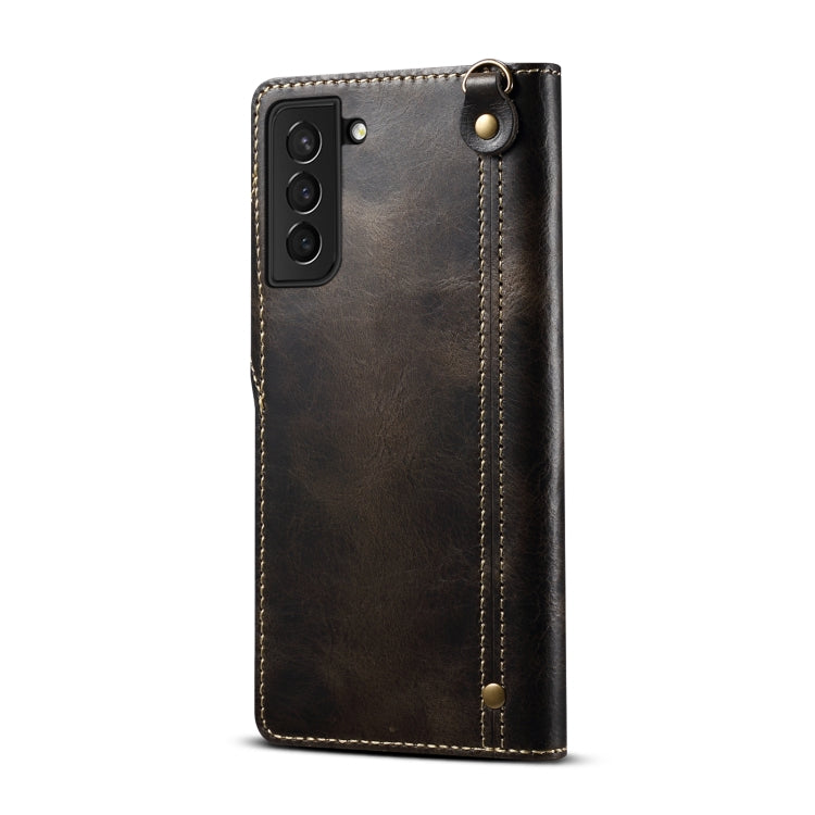 Para Samsung Galaxy S21+ 5G Denior Oil Wax Cowhide Botón magnético Funda de cuero genuino (Negro)