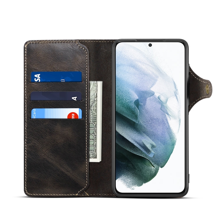 Para Samsung Galaxy S21+ 5G Denior Oil Wax Cowhide Botón magnético Funda de cuero genuino (Negro)