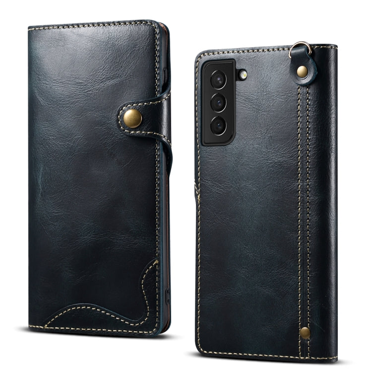 Para Samsung Galaxy S21+ 5G Denior Oil Wax Cowhide Botón magnético Funda de cuero genuino (Azul oscuro)