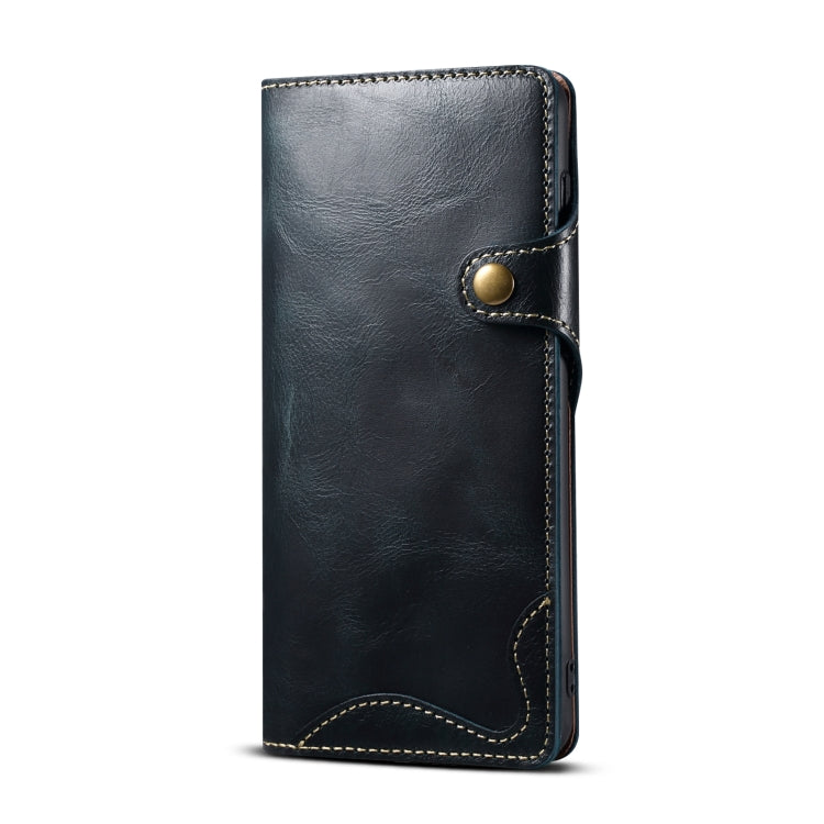 Para Samsung Galaxy S21+ 5G Denior Oil Wax Cowhide Botón magnético Funda de cuero genuino (Azul oscuro)