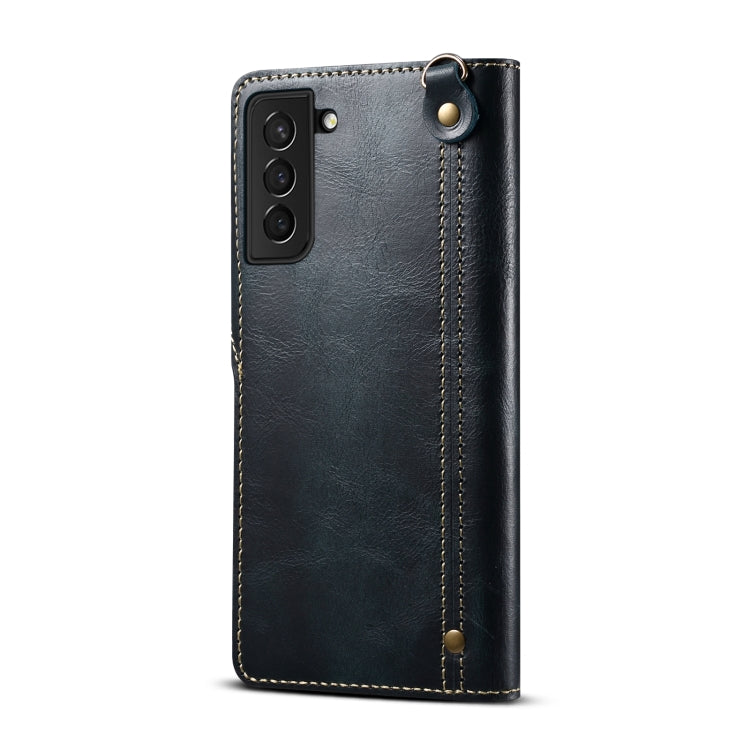Para Samsung Galaxy S21+ 5G Denior Oil Wax Cowhide Botón magnético Funda de cuero genuino (Azul oscuro)