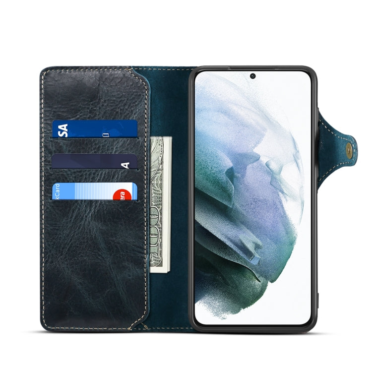 Para Samsung Galaxy S21+ 5G Denior Oil Wax Cowhide Botón magnético Funda de cuero genuino (Azul oscuro)