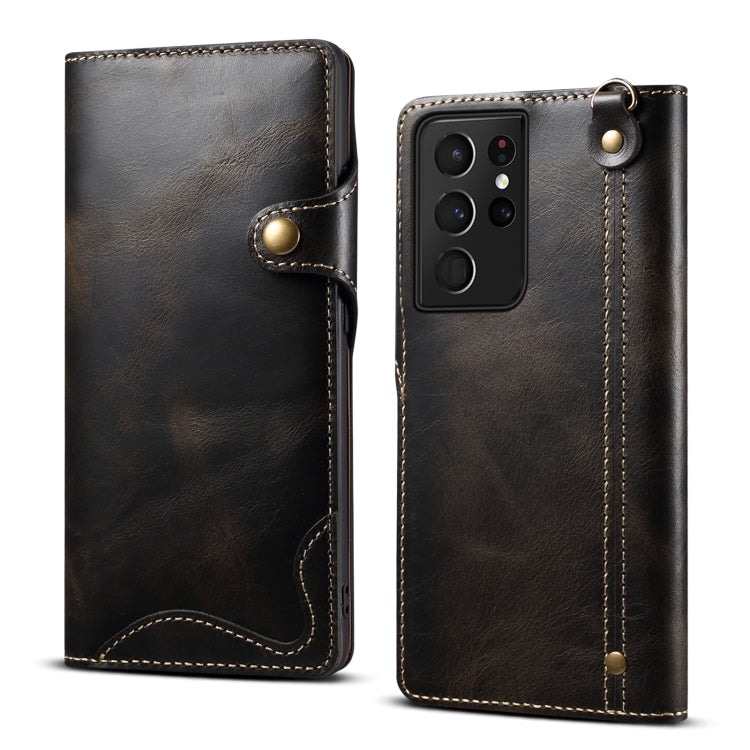 Para Samsung Galaxy S21 Ultra 5G Denior Oil Wax Cowhide Botón magnético Funda de cuero genuino (Negro)