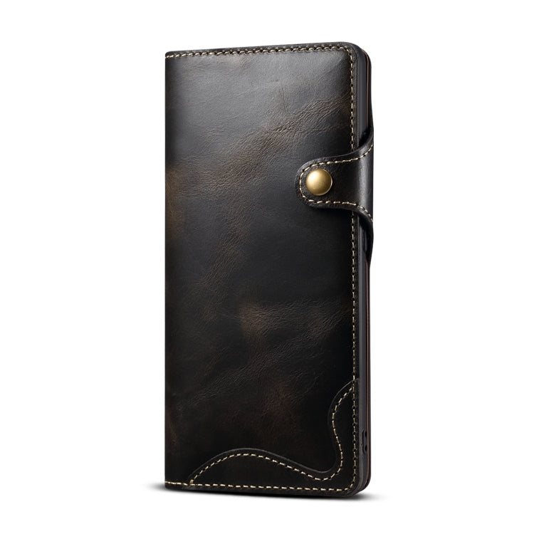 Para Samsung Galaxy S21 Ultra 5G Denior Oil Wax Cowhide Botón magnético Funda de cuero genuino (Negro)