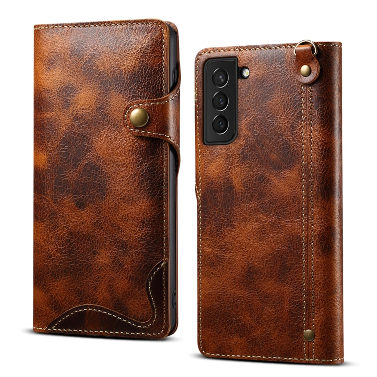 Para Samsung Galaxy S22 5G Denior Oil Wax Cowhide Botón magnético Funda de cuero genuino (Marrón)