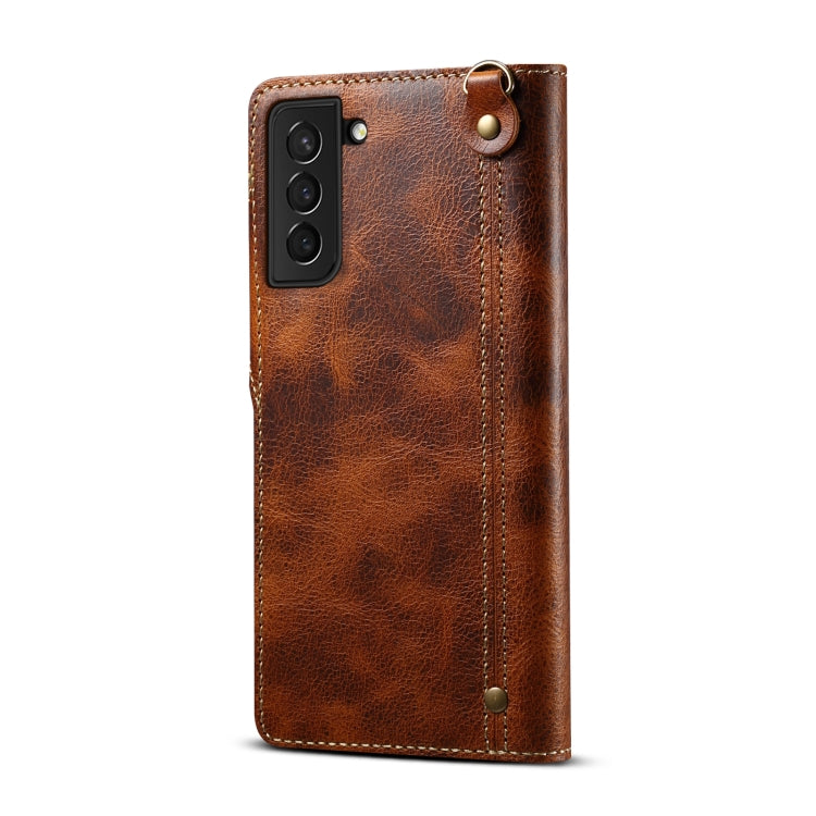 Para Samsung Galaxy S22 5G Denior Oil Wax Cowhide Botón magnético Funda de cuero genuino (Marrón)