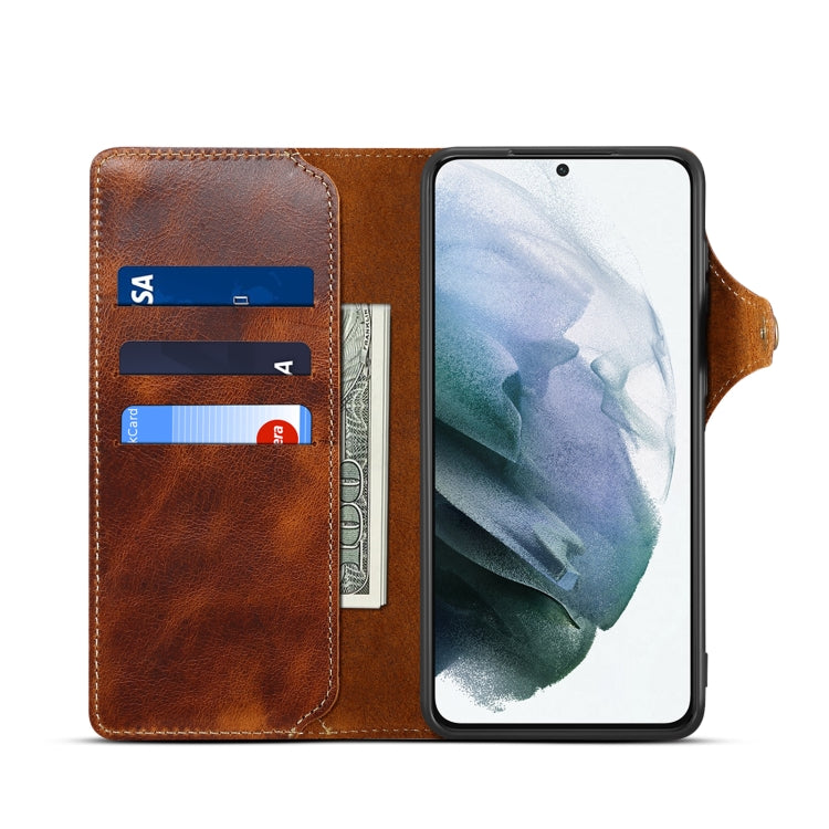 Para Samsung Galaxy S22 5G Denior Oil Wax Cowhide Botón magnético Funda de cuero genuino (Marrón)