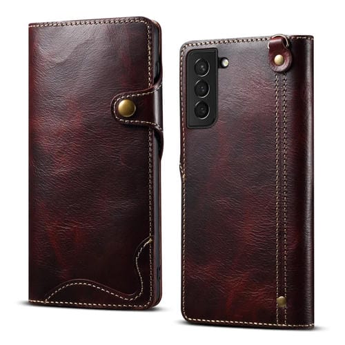 Para Samsung Galaxy S22+ 5G Denior Oil Wax Cowhide Botón magnético Funda de cuero genuino (Rojo oscuro)