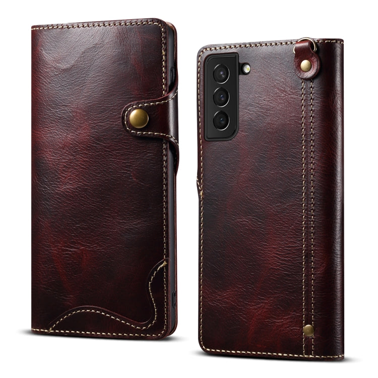 Para Samsung Galaxy S22+ 5G Denior Oil Wax Cowhide Botón magnético Funda de cuero genuino (Rojo oscuro)