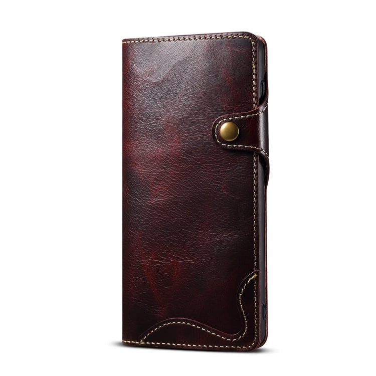 Para Samsung Galaxy S22+ 5G Denior Oil Wax Cowhide Botón magnético Funda de cuero genuino (Rojo oscuro)