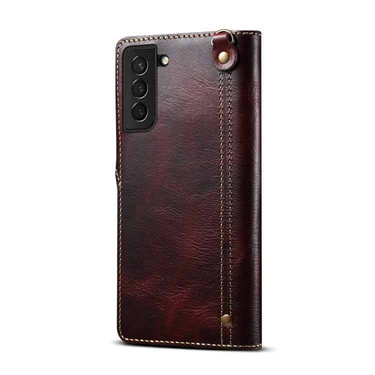 Para Samsung Galaxy S22+ 5G Denior Oil Wax Cowhide Botón magnético Funda de cuero genuino (Rojo oscuro)