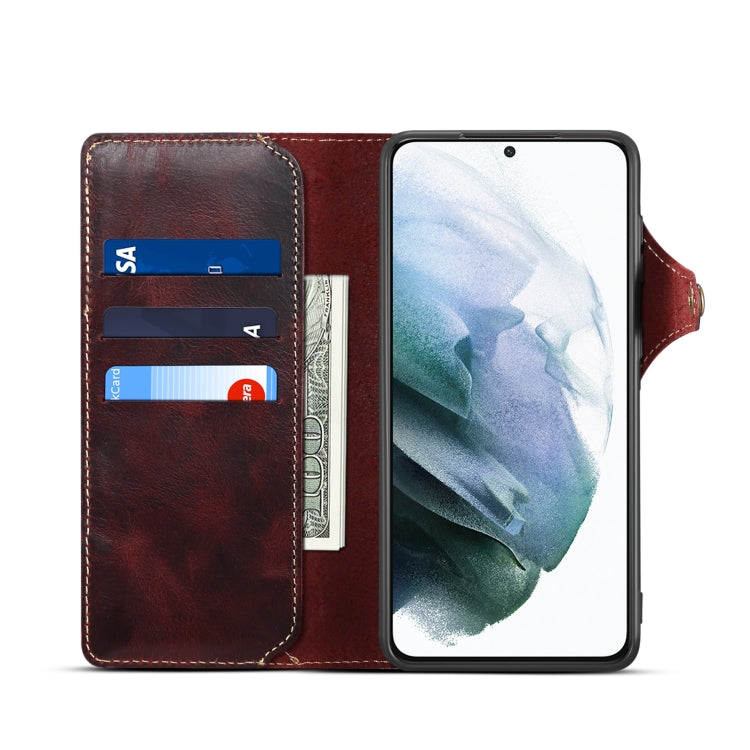 Para Samsung Galaxy S22+ 5G Denior Oil Wax Cowhide Botón magnético Funda de cuero genuino (Rojo oscuro)