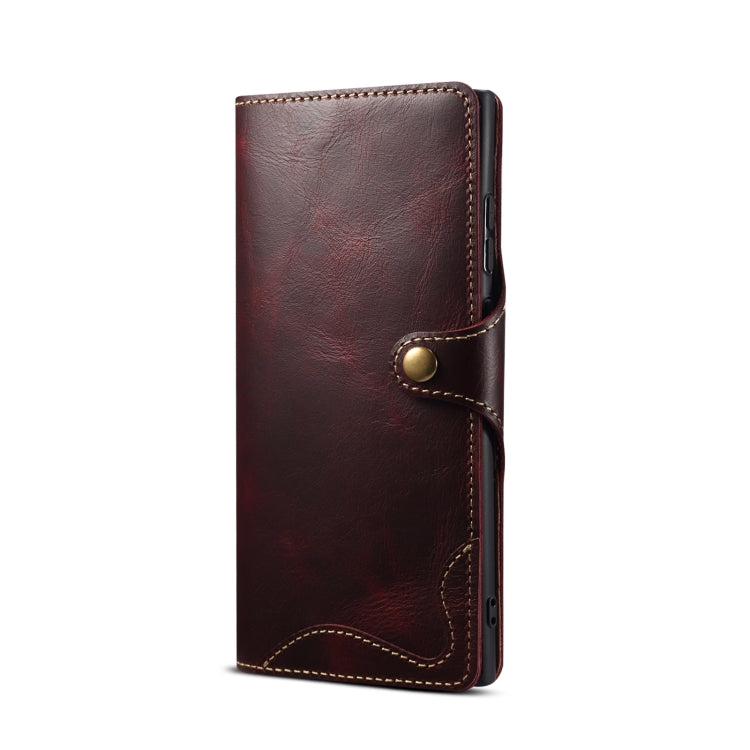 Para Samsung Galaxy S22 Ultra 5G Denior Oil Wax Cowhide Botón magnético Funda de cuero genuino (Rojo oscuro)