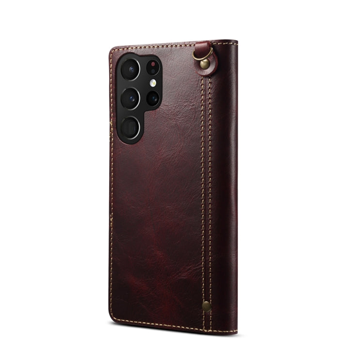 Para Samsung Galaxy S22 Ultra 5G Denior Oil Wax Cowhide Botón magnético Funda de cuero genuino (Rojo oscuro)