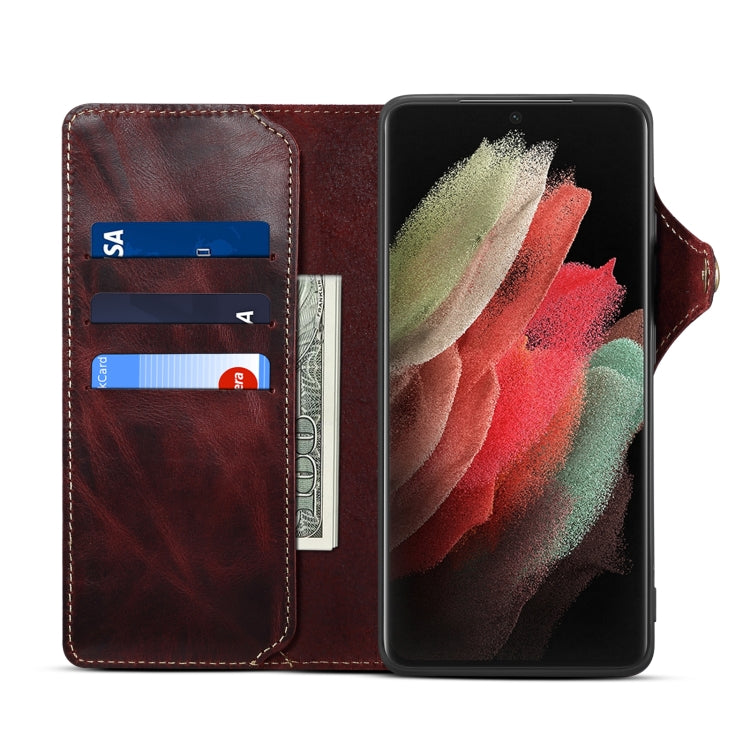 Para Samsung Galaxy S22 Ultra 5G Denior Oil Wax Cowhide Botón magnético Funda de cuero genuino (Rojo oscuro)