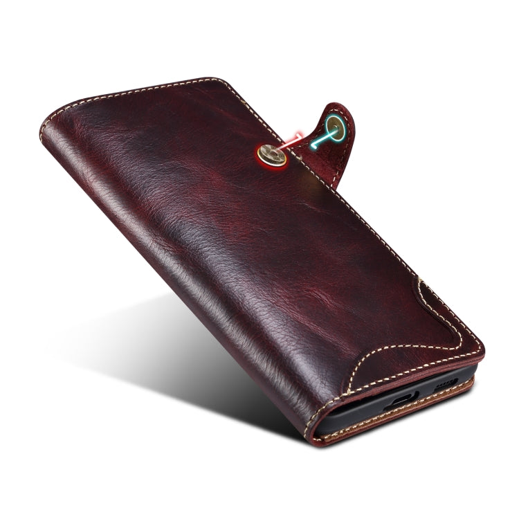 Para Samsung Galaxy S22 Ultra 5G Denior Oil Wax Cowhide Botón magnético Funda de cuero genuino (Rojo oscuro)