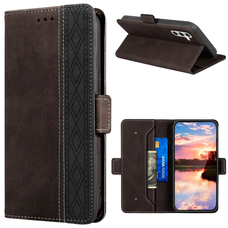 Para Samsung Galaxy A14 5G Estuche para teléfono de cuero RFID con costura lateral magnética (café)
